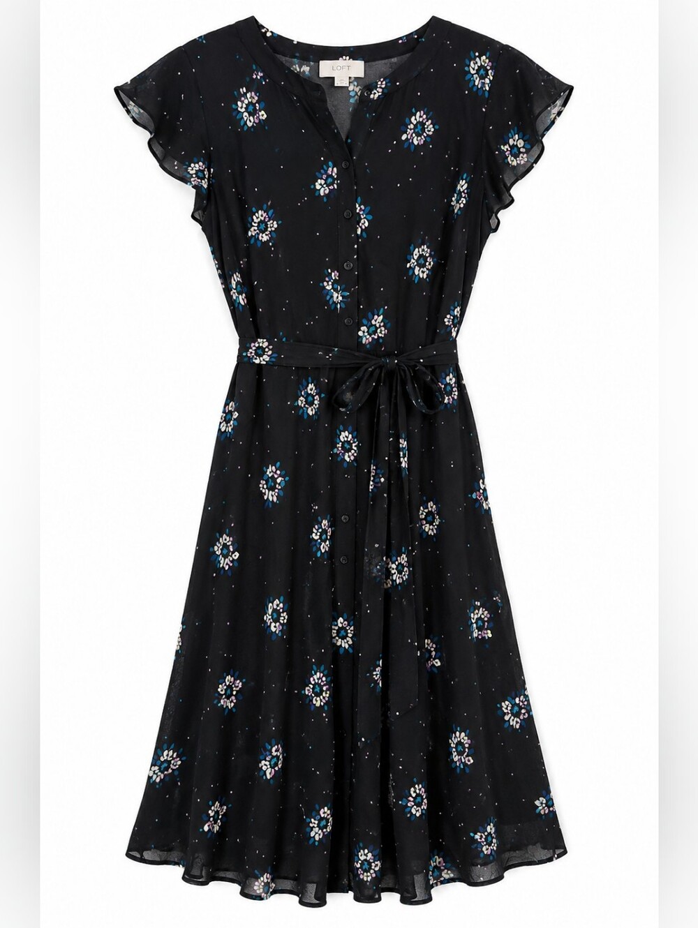 LOFT Floral Shirt Dress Size 4 Black Rayon Flutter Sleeve Tie Waist (A1) - Picture 2 of 6